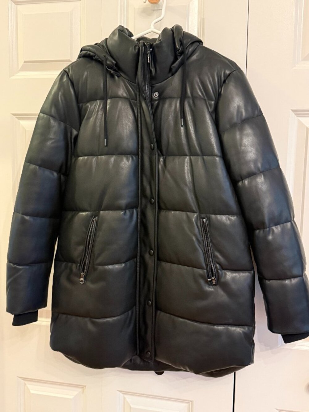 Sebby Collection Women's Faux Leather 3/4 Puffer Jacket With Hood